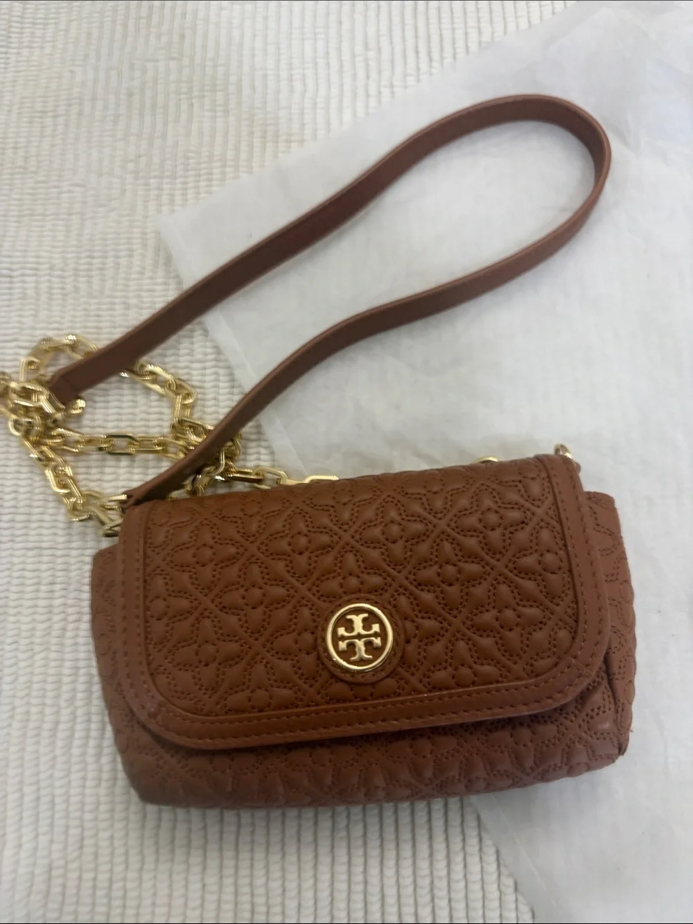 Tory Burch Brown Quilted Leather Crossbody with Gold Chain